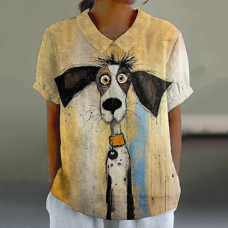 Puppy Dog Art Printed Casual Lapel Shirt