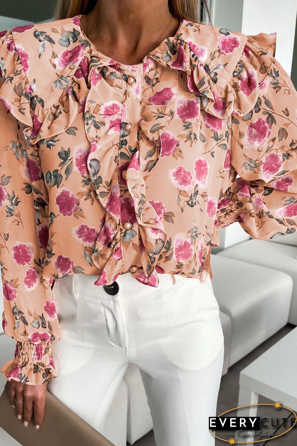 Pink Floral Cape Ruffles Elastic Wrist Shirt