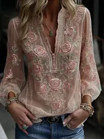 Women's Vintage Pink Rose Linen Blend Long Sleeve T-shirt