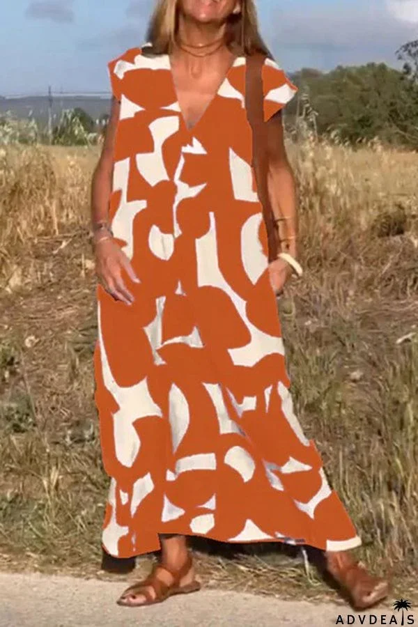 V Neck Geometric Pattern Loose Midi Dress