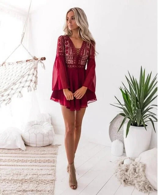 Hollow Out Chiffon Dress  Women Mini Criss Cross Bandage Lace Semi-sheer Plunge V-Neck Long Sleeve Dress Black/White:
