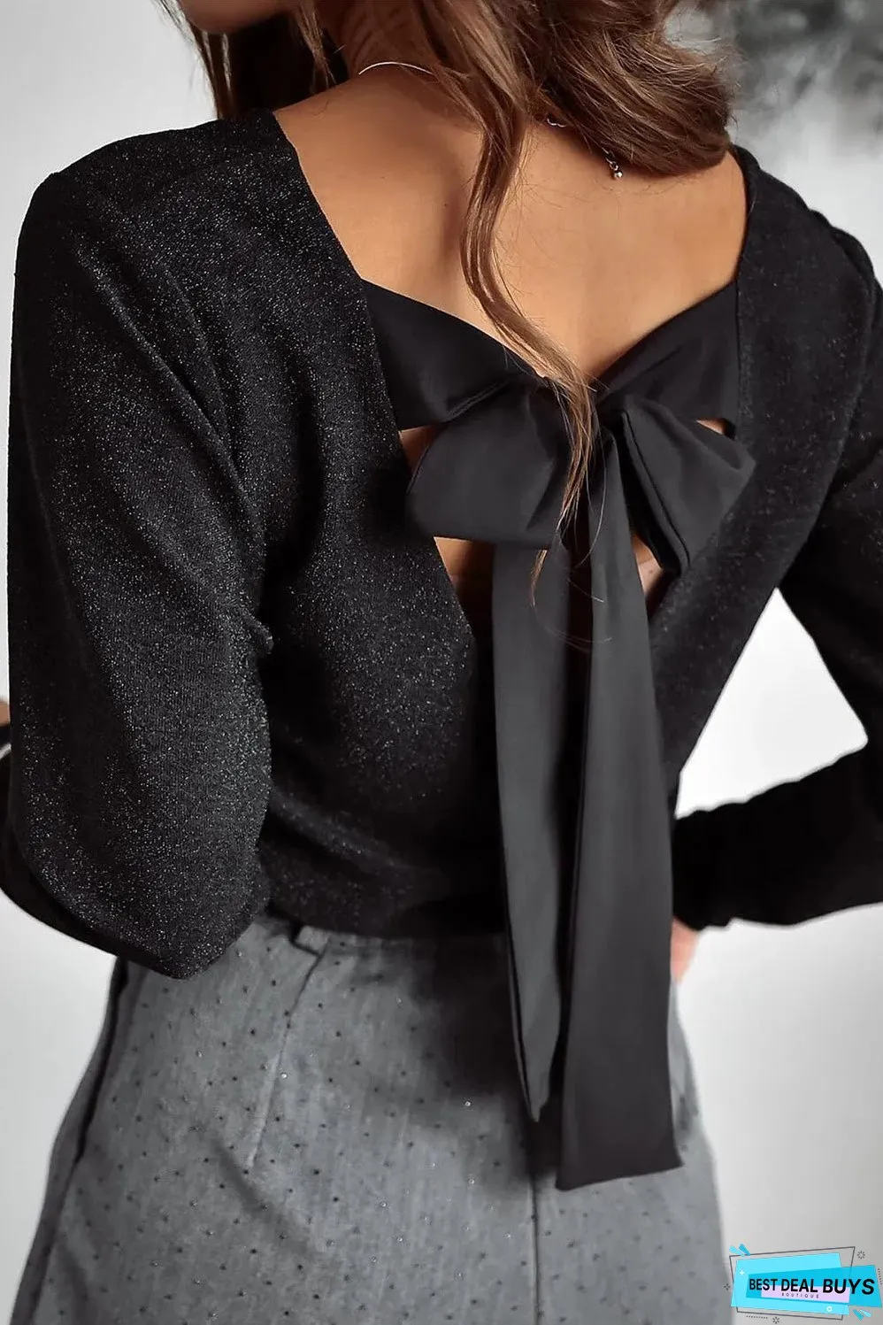 Black Metallic Bowknot Open Back V Neck Top