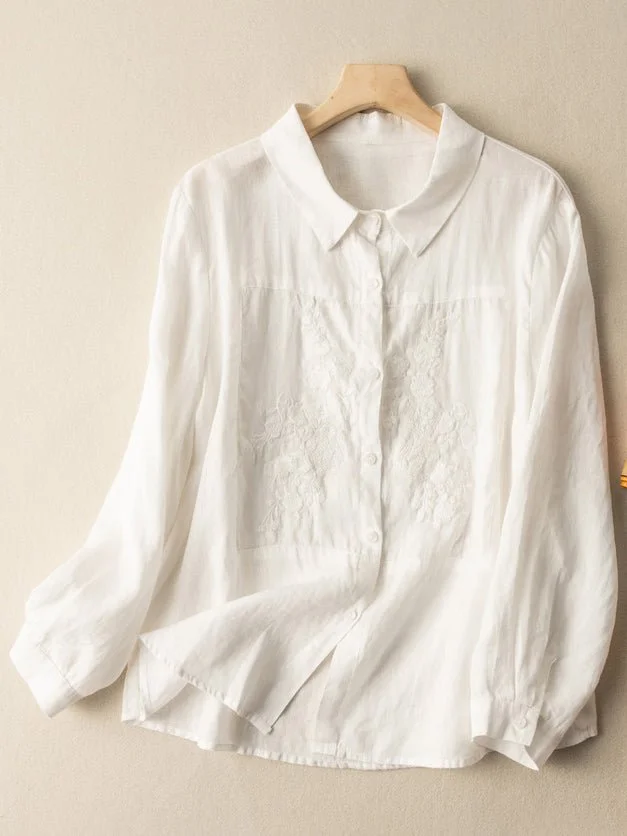 Women's Linen Embroidery Retro Shirt Collar Long Sleeve Top