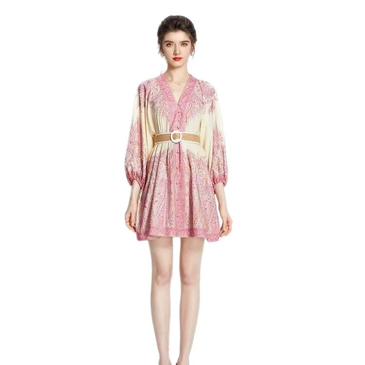 Nigikala Nigikala And Summer New French Retro Holiday Style V Neck Lantern Sleeves To Collect Long Print Small Dress