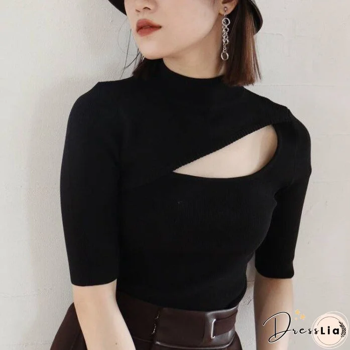 Christmas Gift Kuzuwata Japanese Jumpers Autumn Winter New Women Sweaters Sexy Hollow Collar Half Sleeve Slim Solid Knitted Pullovers
