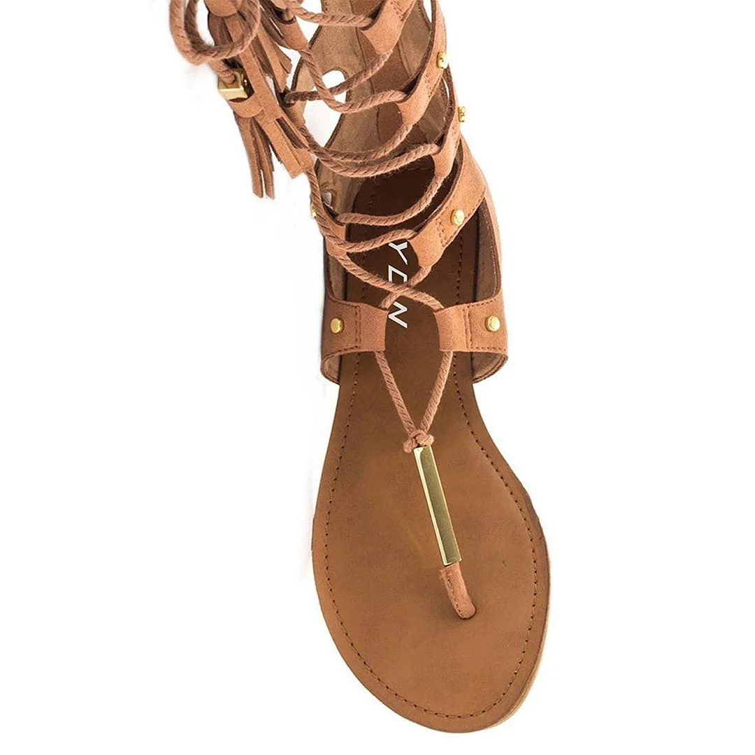 Faux Suede Cut-Out Lace-Up Knee High Gladiator Boots in Beige