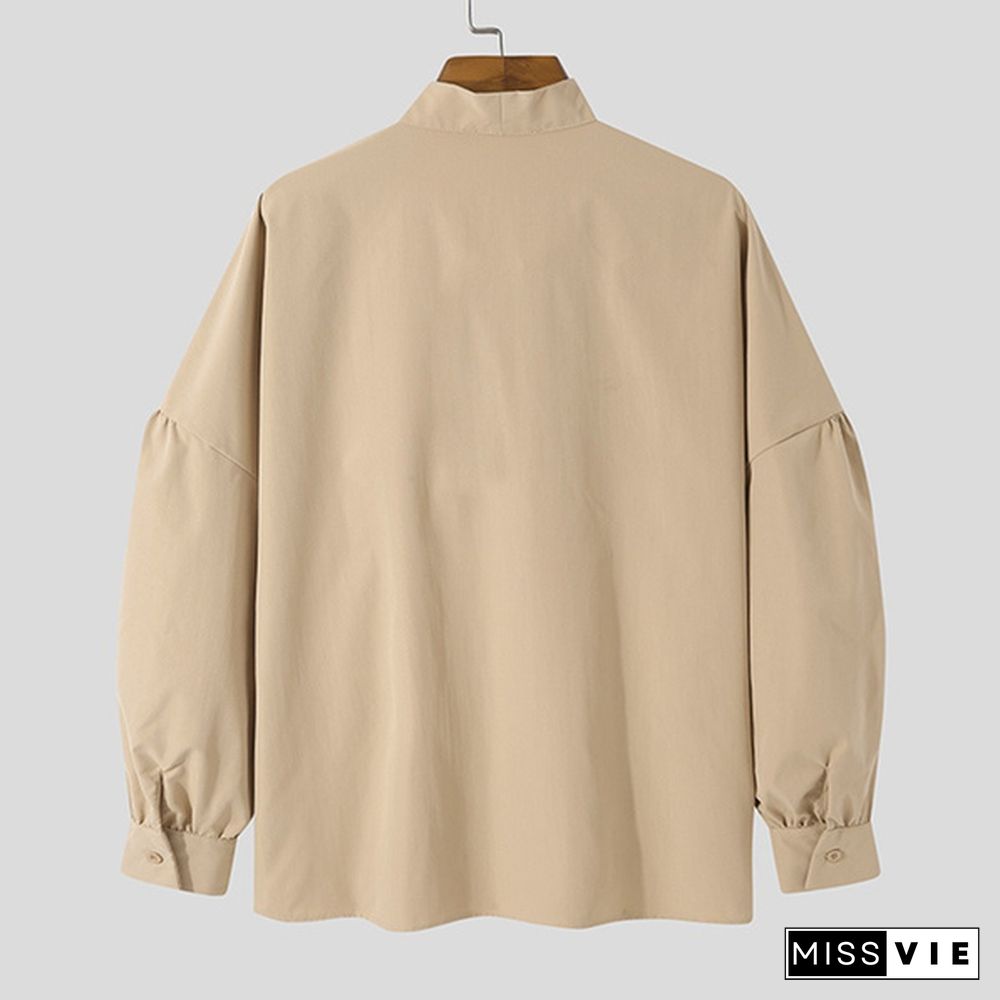 New Men Loose Long Sleeve Tie Blouse Dress Solid Color Clubwear Retro Shirts Tops