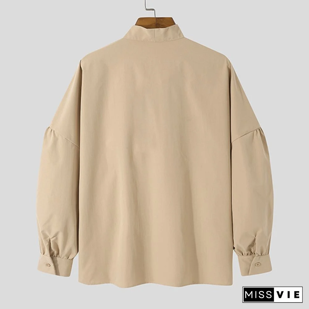 New Men Loose Long Sleeve Tie Blouse Dress Solid Color Clubwear Retro Shirts Tops