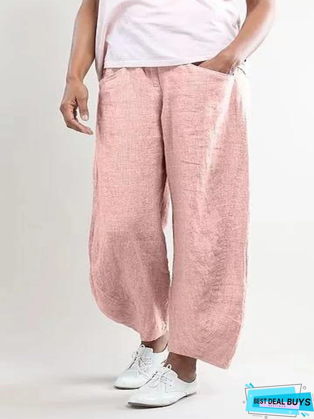 Women Summer Pink Cotton Pockets Shift Casual Capri Pants