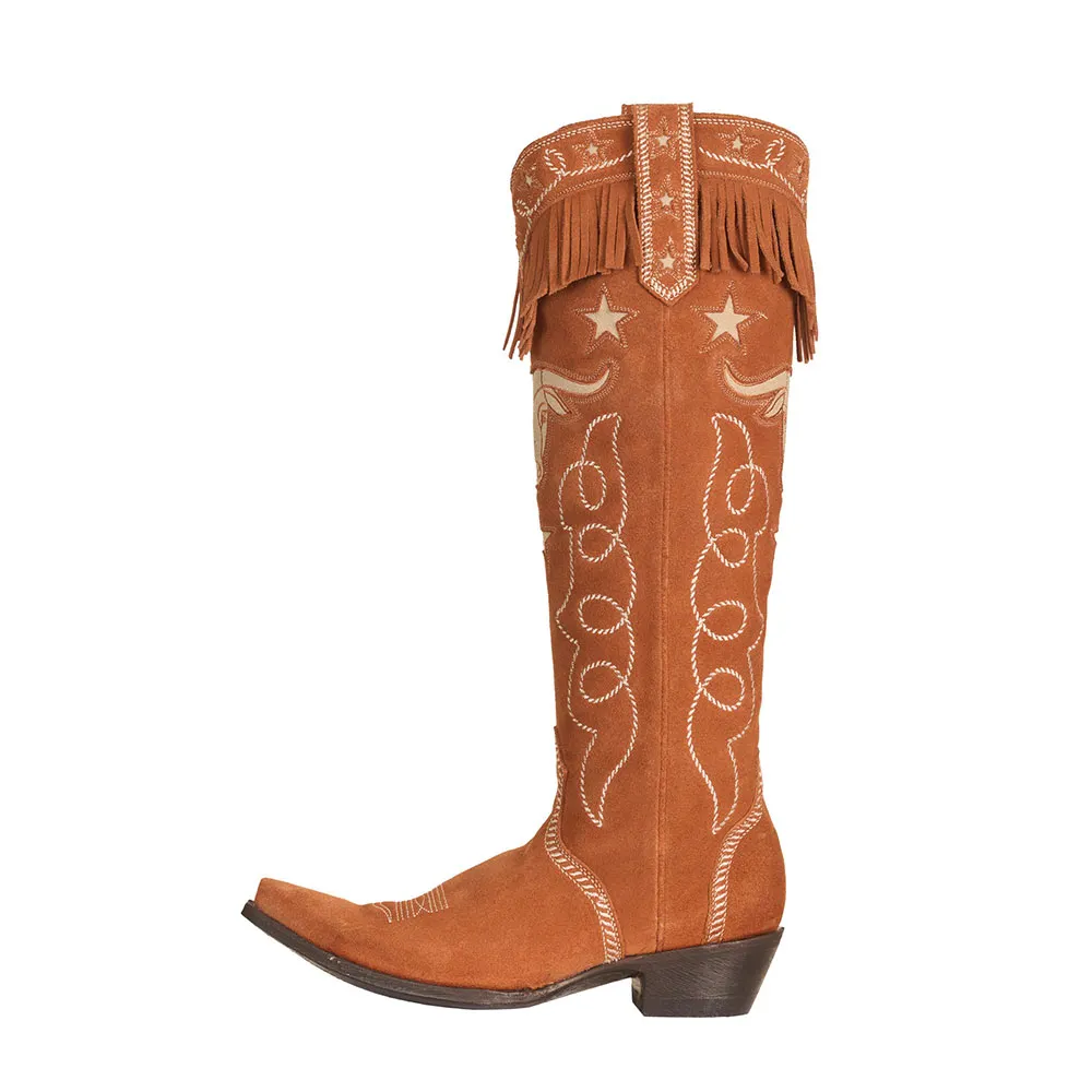 Women's Tan Cow & Star Inlay Embroidered Knee High Cowgirl Boots