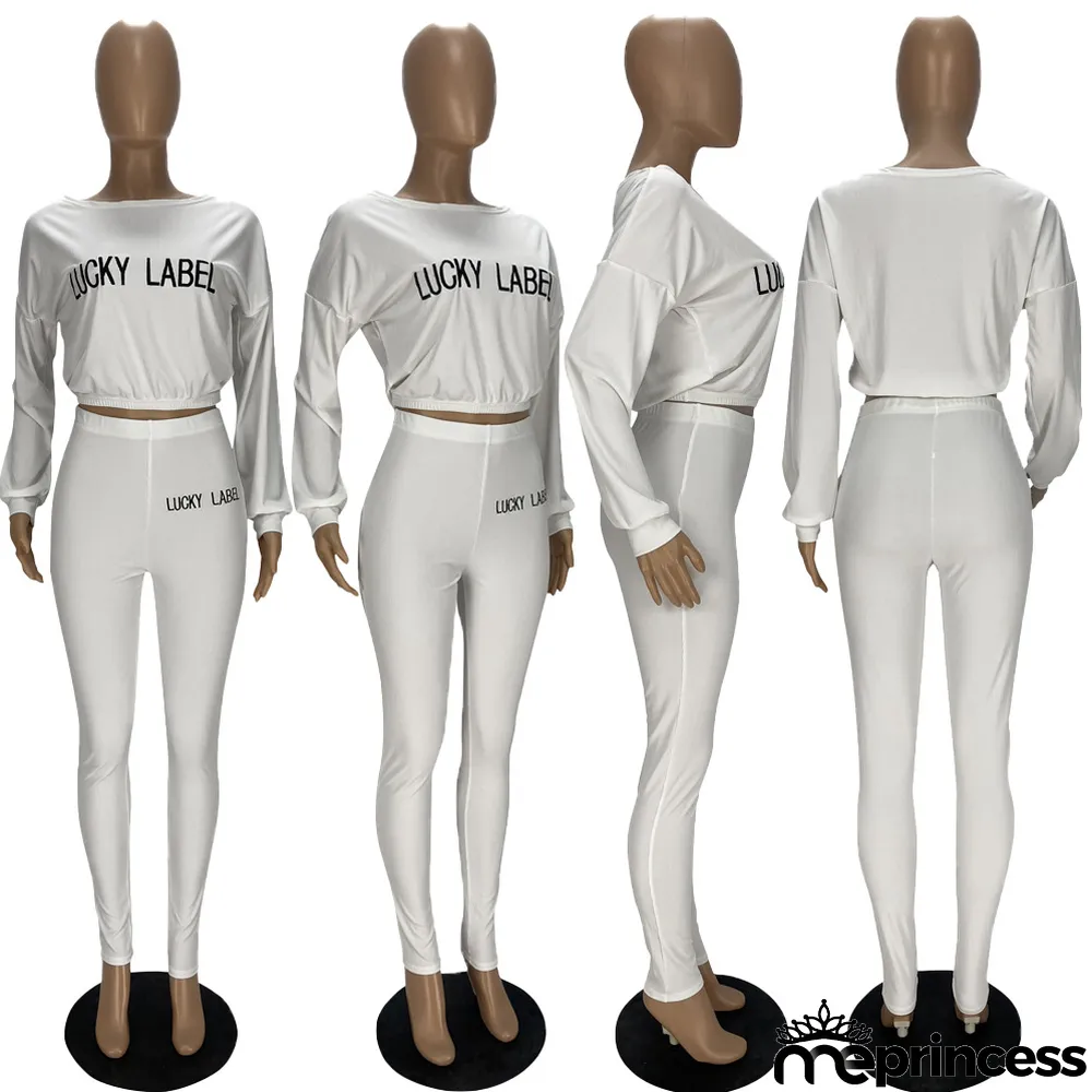 Plus Size Letter Long Sleeve 2 Piece Pants Set