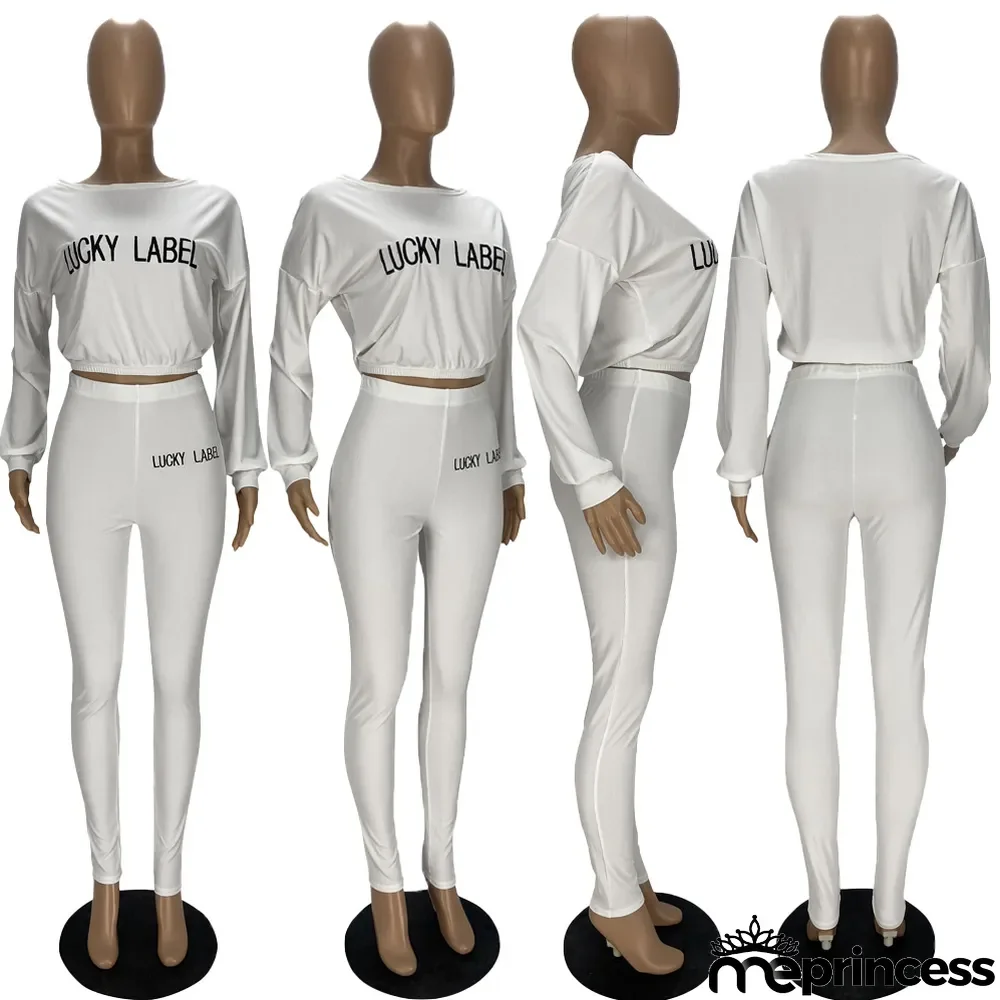 Plus Size Letter Long Sleeve 2 Piece Pants Set