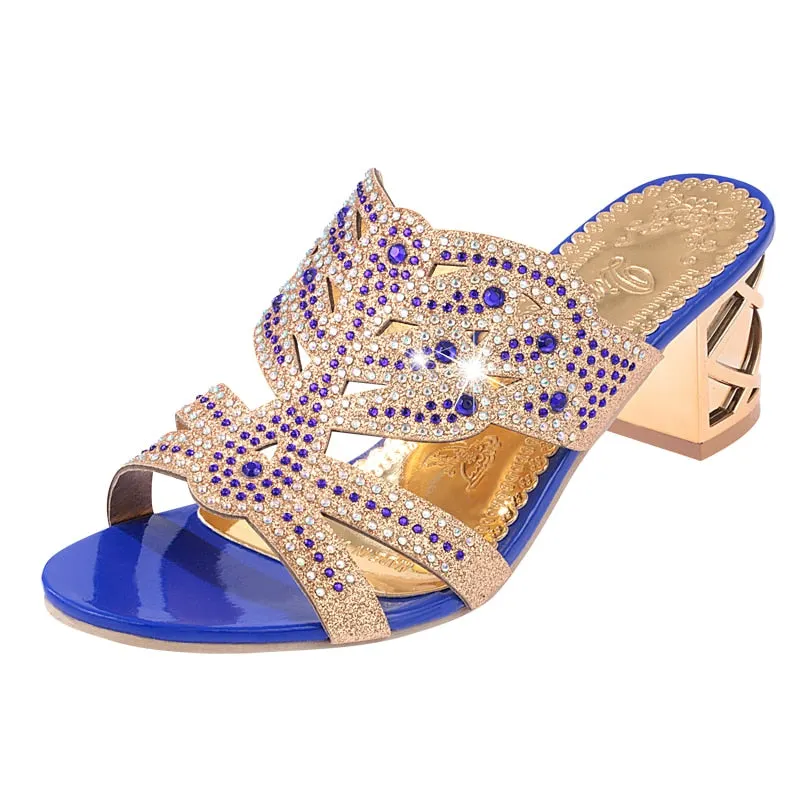 Lucyever 2020 Summer Women's Rhinestones Slippers Slides Fashion Thick High Heels Gladiator Sandals Beach Flip Flops Shoes Woman