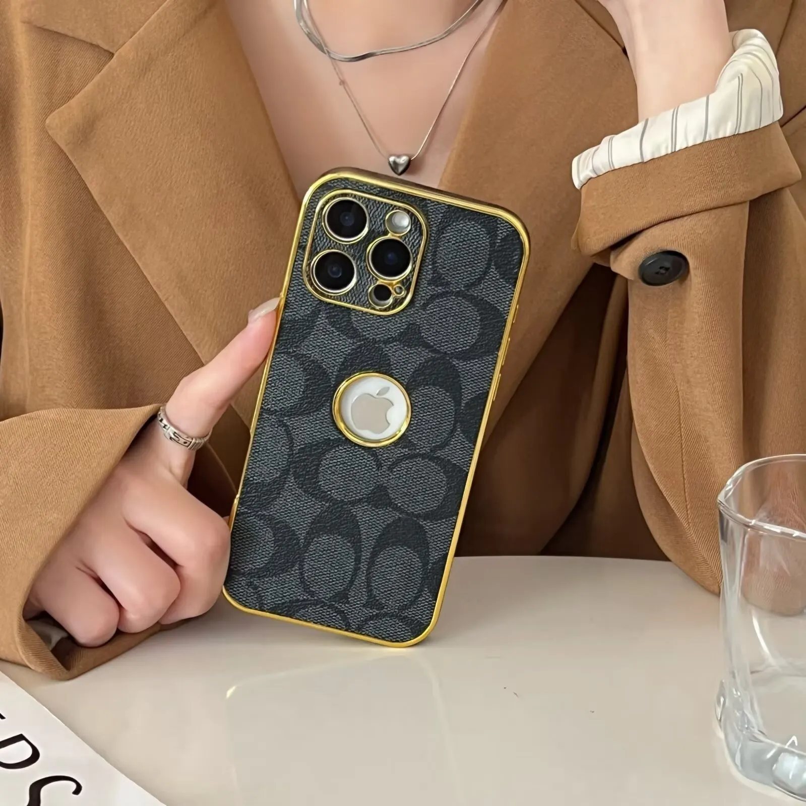 Classic Coach Signature Canvas Leather Electroplated Apple iPhone Case