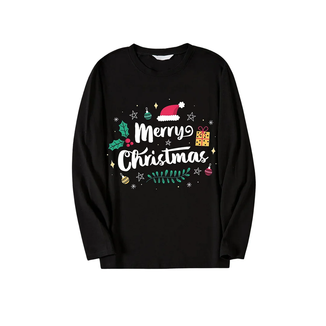 "Merry Christmas" With  Baubles-Black Top with Red & Green Plaid Pants Family Matching Pajama