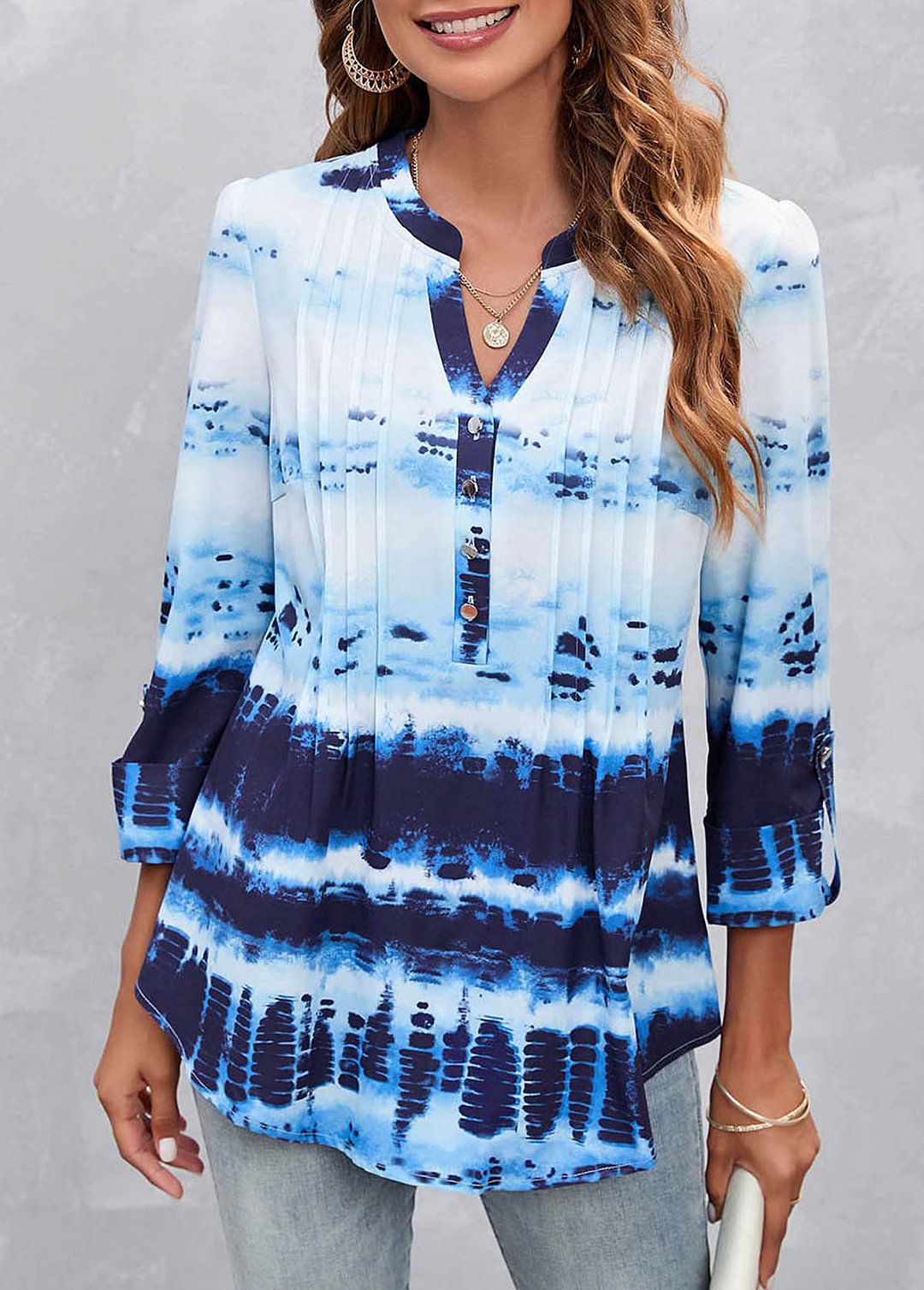 Tie Dye Print 3/4 Sleeve Split Neck Blouse
