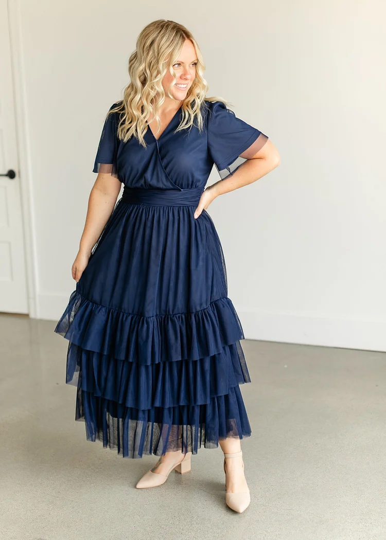 Tulle Tiered Short Sleeve Maxi Dress