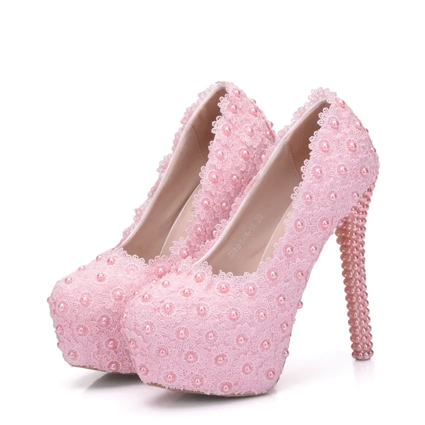 Breakj Breakj Lace Heels Wedding Shoes Lace Pearl Shoes Size Fine Heel Waterproof Shoes 14WL