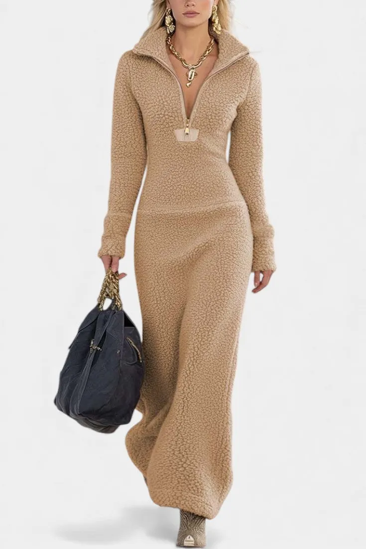 High-Neck Fleece Zip Dress with Long Sleeves