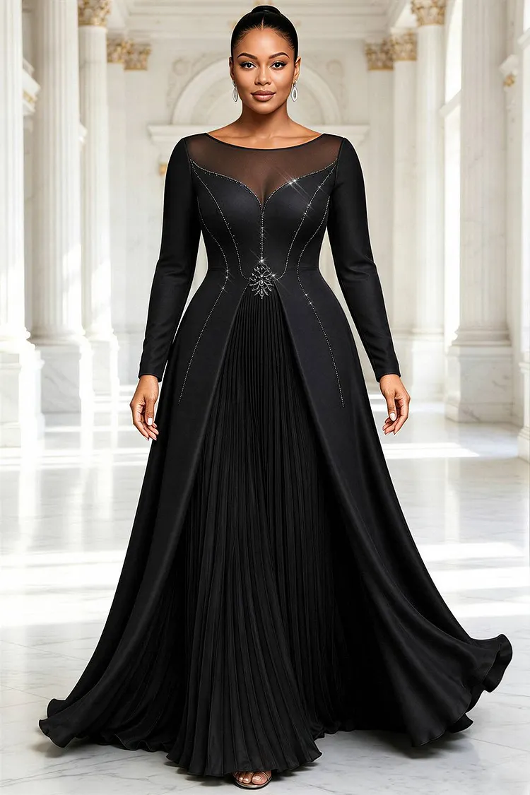 Xpluswear Design Plus Size Formal Chiffon Black Round Neck Long Sleeve With&nbsp;Skirt&nbsp;Overlay&nbsp;Drilling Satin Maxi Dresses [Pre-Order] 2024 - Xpluswear
