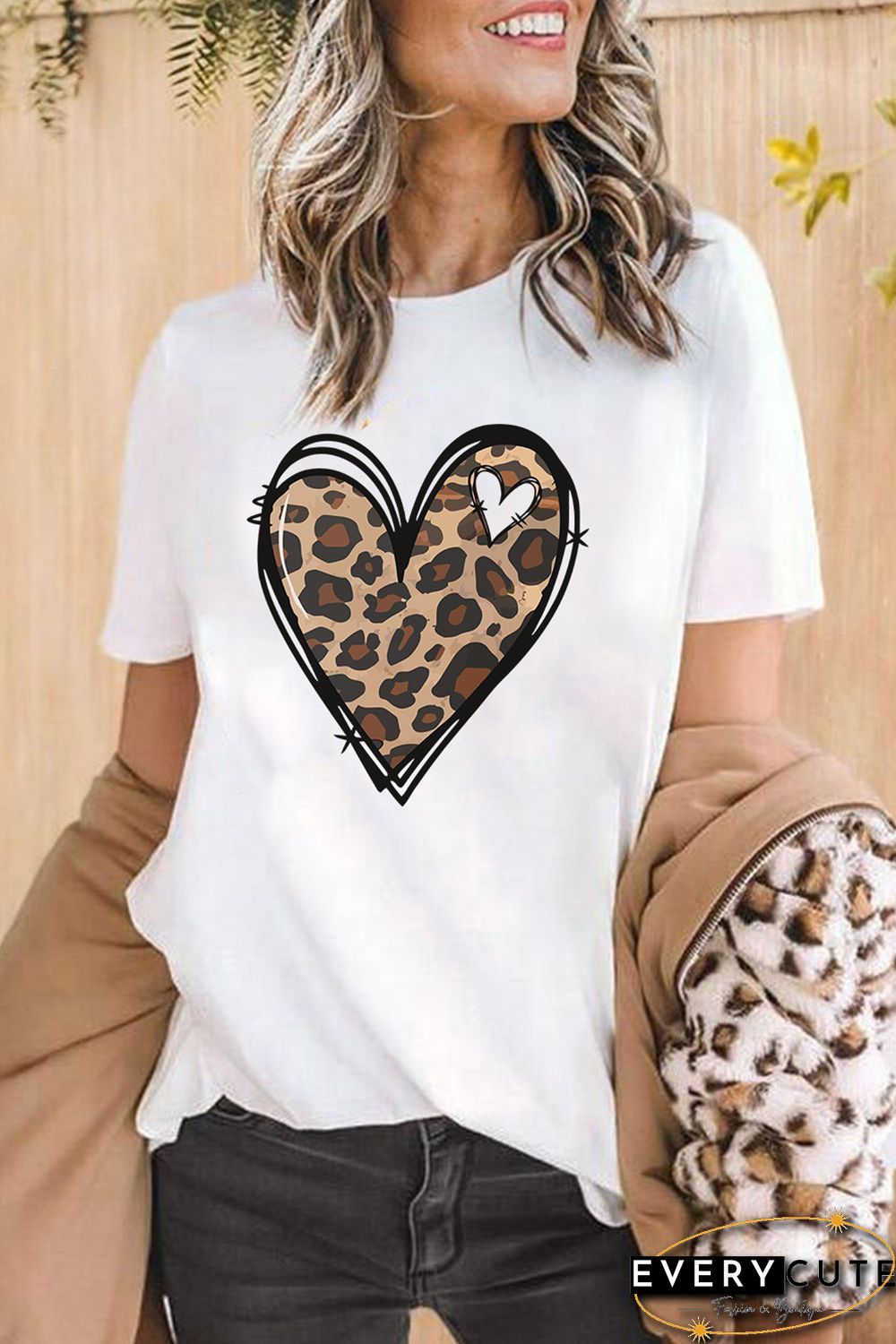 White Leopard Heart Pattern Print Valentines T Shirt