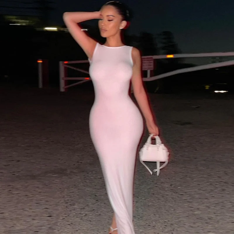 Hugcitar Satin Solid Backless Sleeveless Slit Maxi Dress 2021 Fall Sexy Evening Party Elegant Vestido Kleider Mit Schlitz Robe