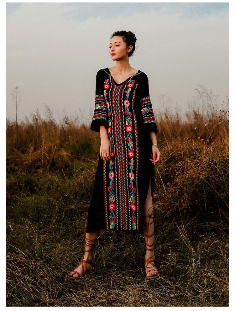 Women Vintage Floral Embroidery Dresses Vestido Round Neck Long Sleeve Casual Long Maxi Dress