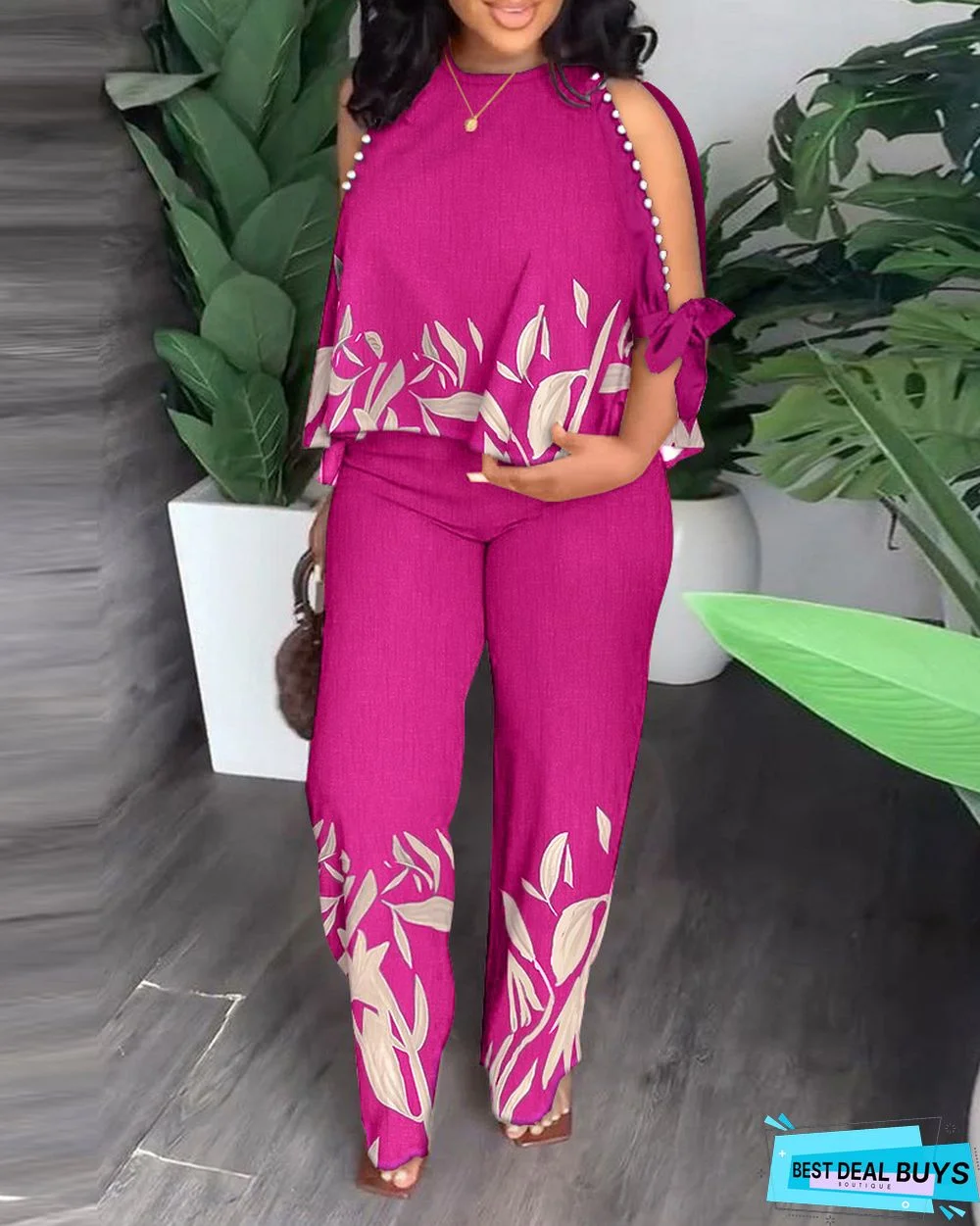 Women Summer Beaded Print Top and Pant Two-Piece Set