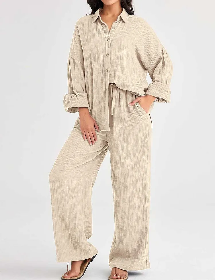Ladies Solid Color Button Down Long Sleeves Shirt & Pants Set
