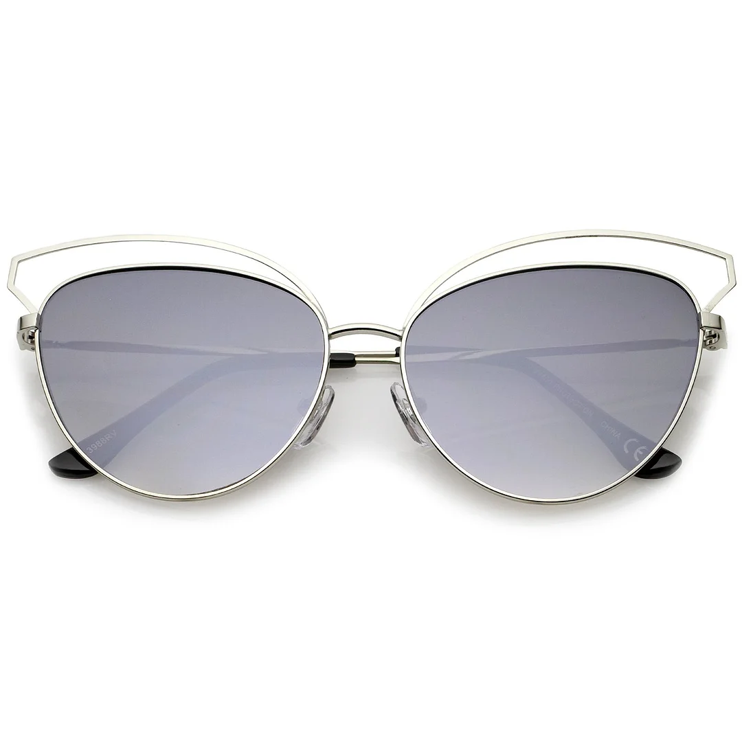 Women's Open Metal Frame Colored Mirror Oversize Cat Eye glasses 58mm