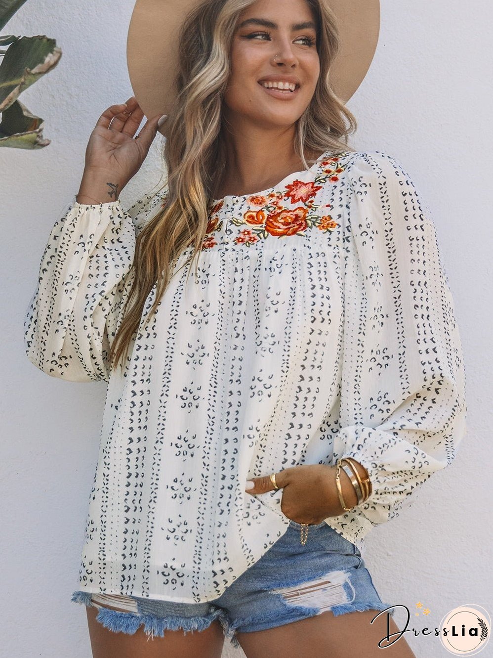 Beige Floral Embroidered Long Sleeve Bohemian Blouse