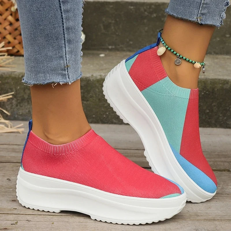 Zhungei Mix Color Chunky Sneakers for Women 2024 Autumn Thick Bottom Platform Sports Shoes Woman Slip On Knitted Vulcanize Shoes