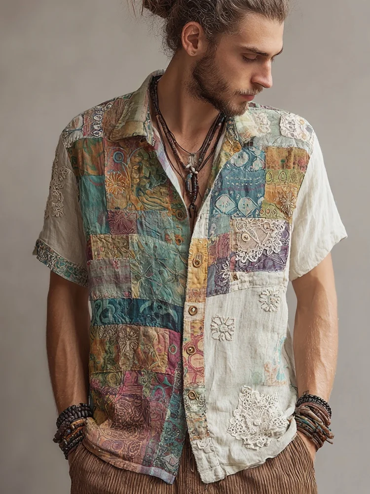 Men's Vintage Floral Lace Embroidered Patchwork Linen Shirt 974c