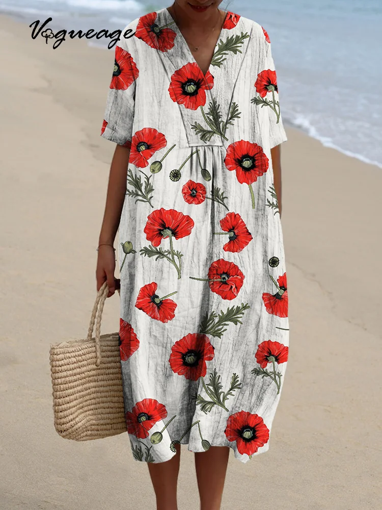 Simple Elegant And Comfortable Printed Women's Casual Cotton And Linen Dress