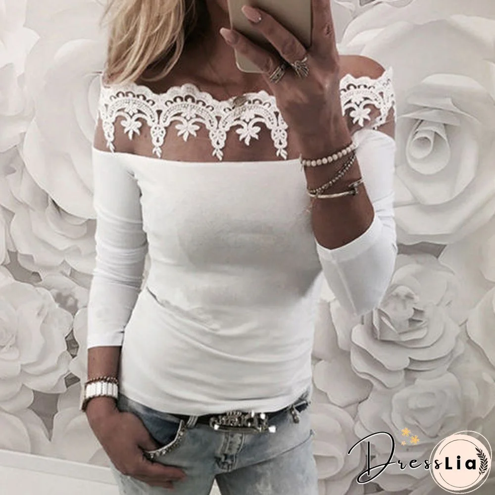 Fashion Women Blouses White Lace Blouse Off Shoulder Blouse Women Long Sleeve Shirt Womens Blouses And Tops Casual Ladies Tops