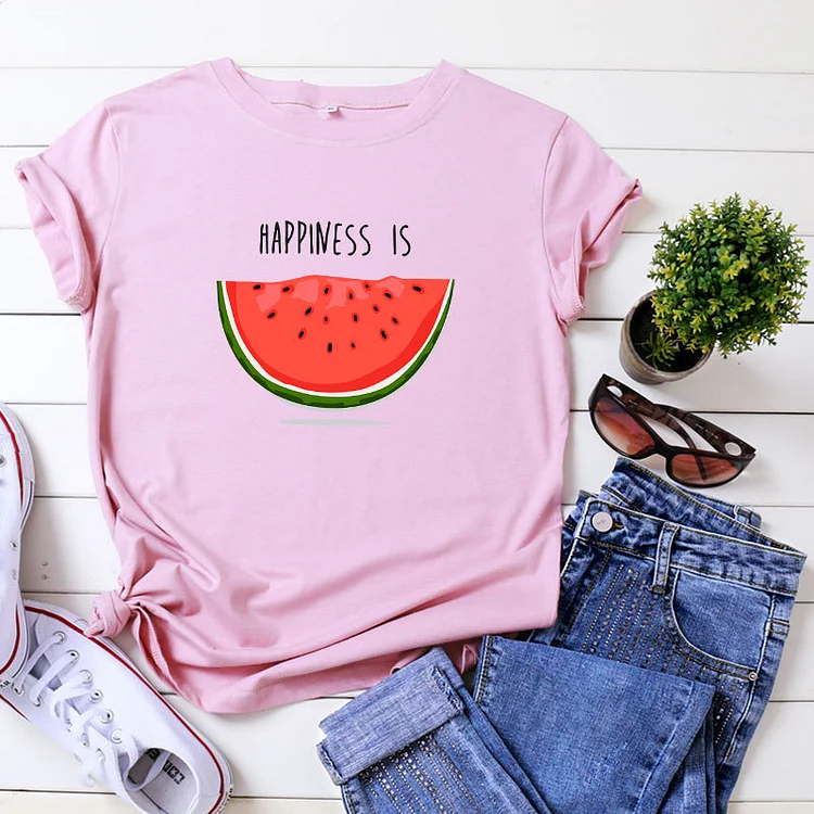 HAPPINESS IS Watermelon Letter Print T-Shirt - Modakawa Modakawa