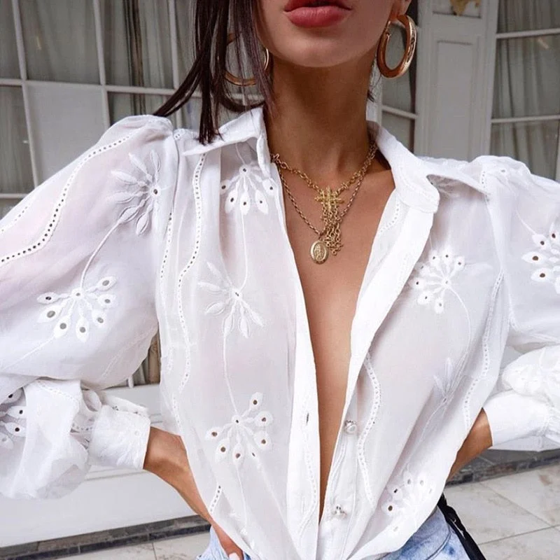 Women Fashion Crochet Lace Shirts Long Puff Sleeve Casual Flower Embroidery Buttons Down Blouse Tops Office Lady