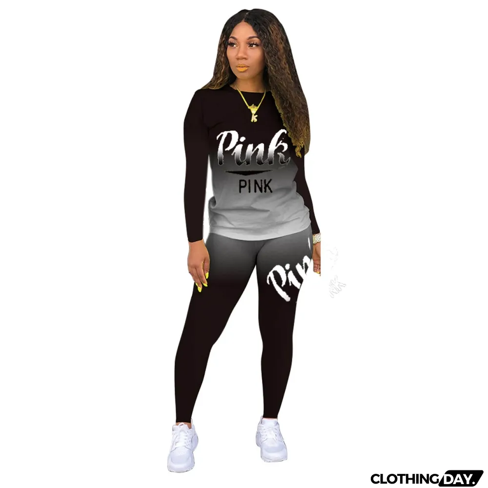 Autumn Print Gradient Matching 2PC Pants Set