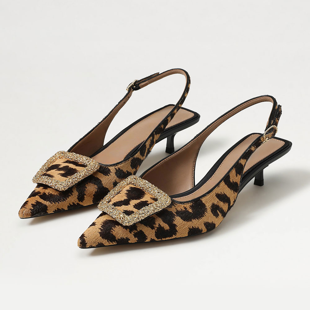 Leopard Print Pointed Toe Gold Buckle Slingback Kitten Heels Nicepairs