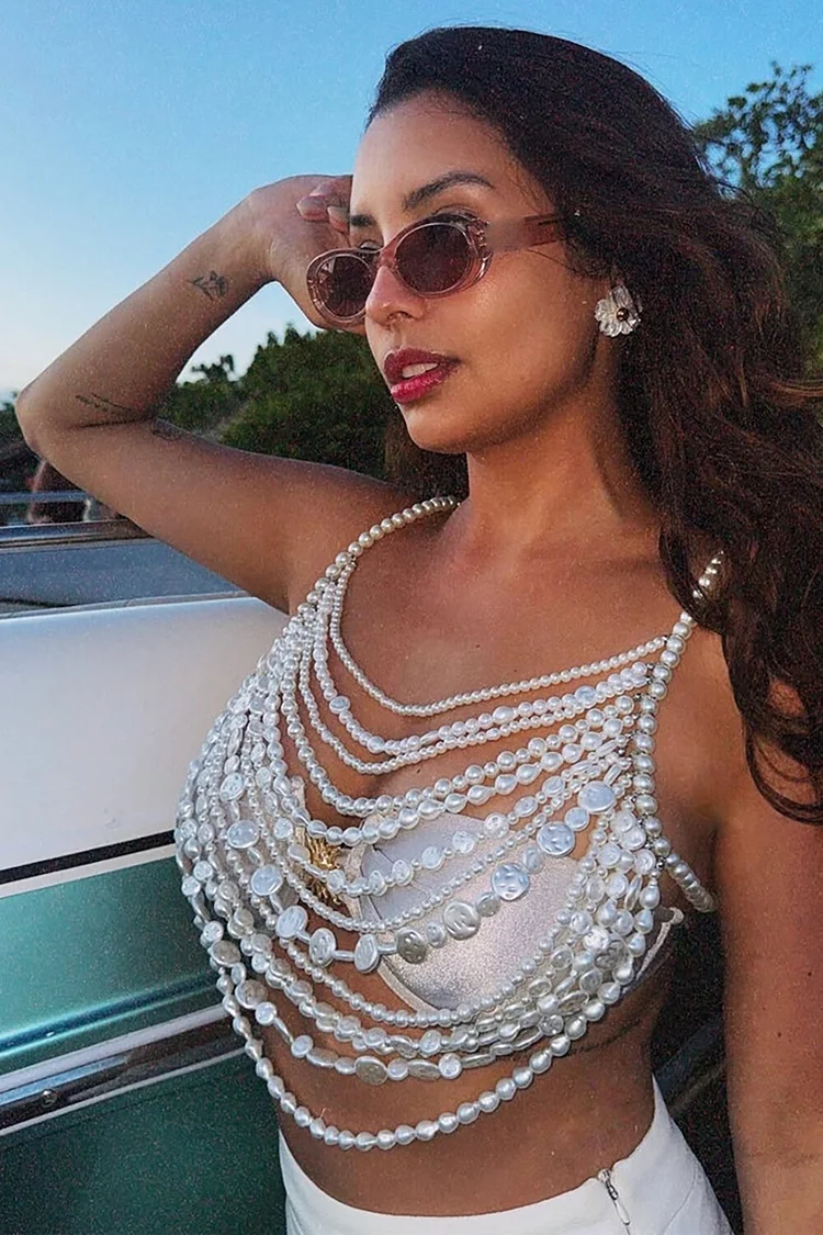 Simulated Pearls Fringed Body Chain Halter Crop Top-White
