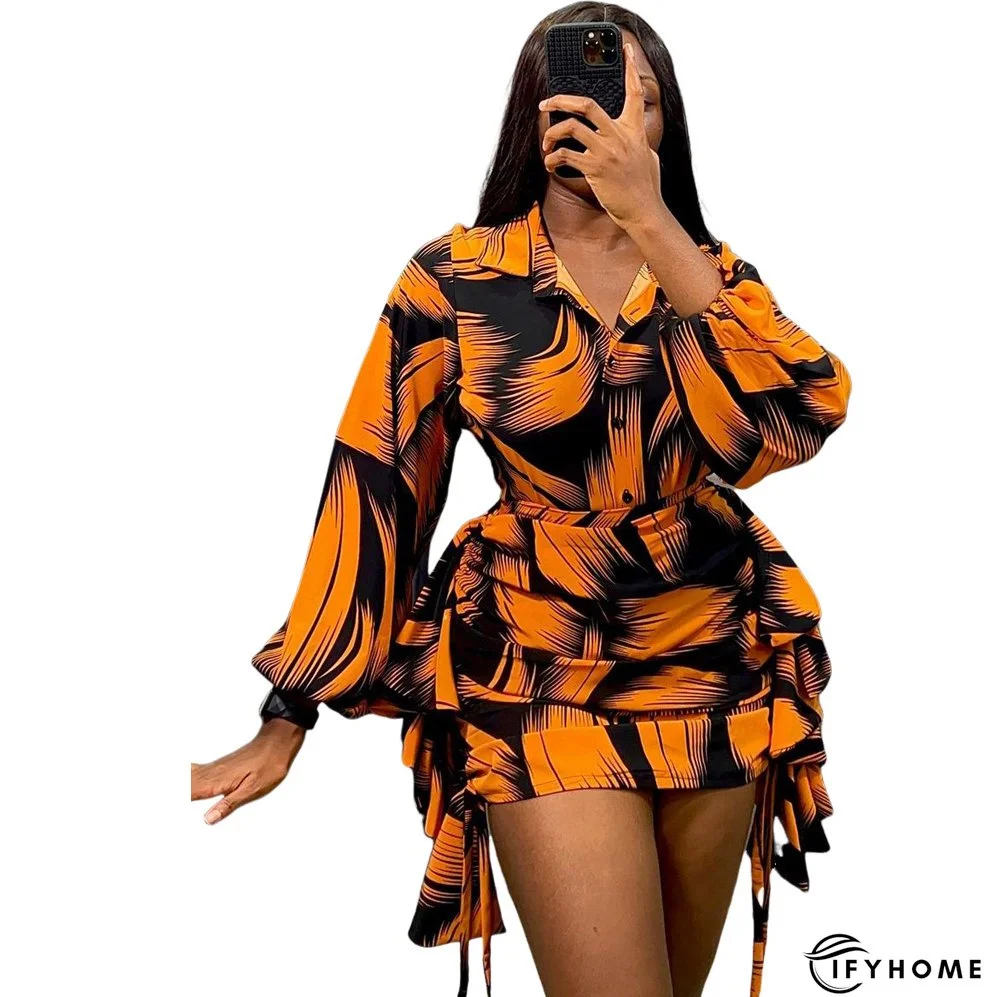 Printed Puff Sleeve Shirt Short Skirt Plus Size Two-Piece Set | IFYHOME