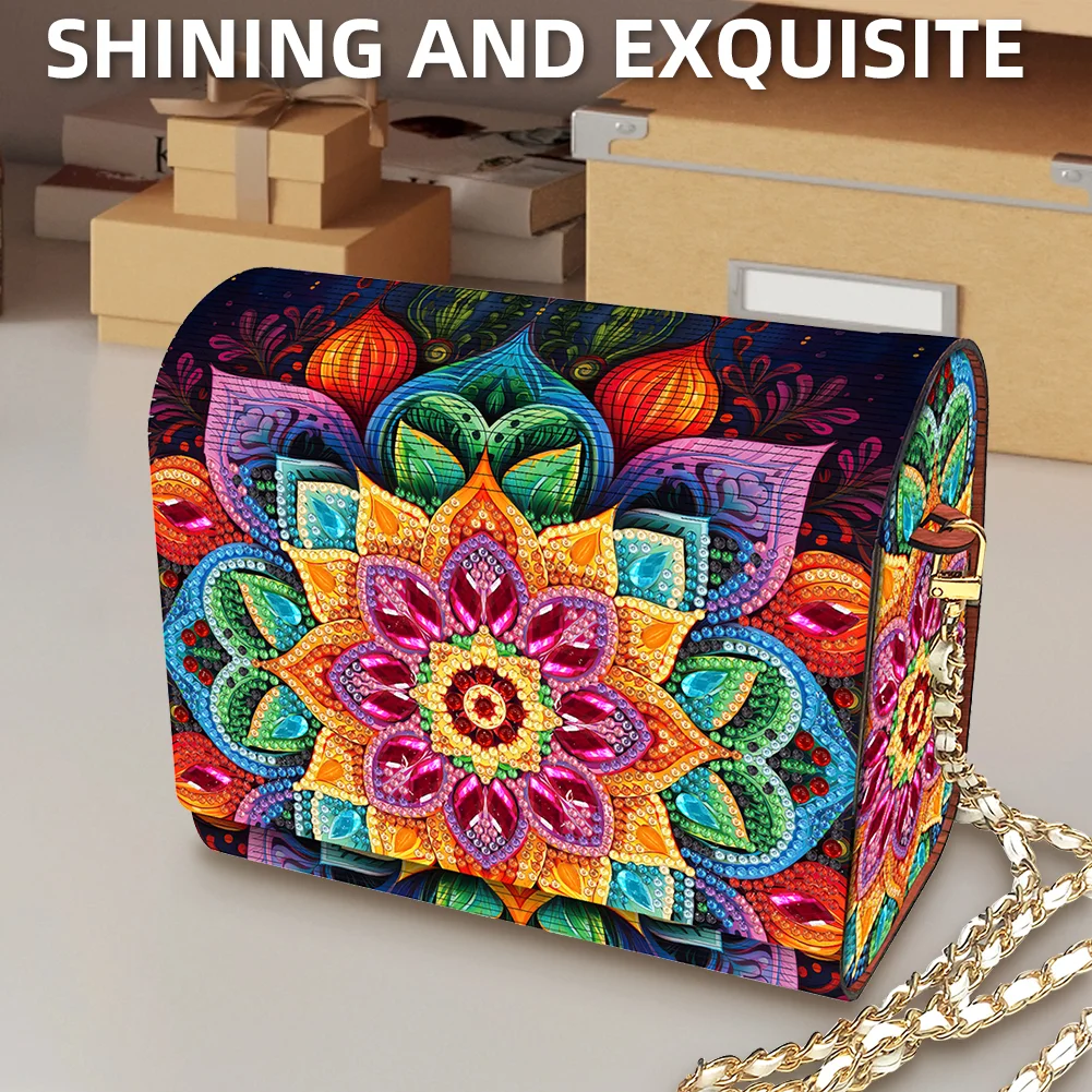 DIY Mandala Diamond Art Wooden Coin Pouch with Chain 5D Diamond Painting Purse