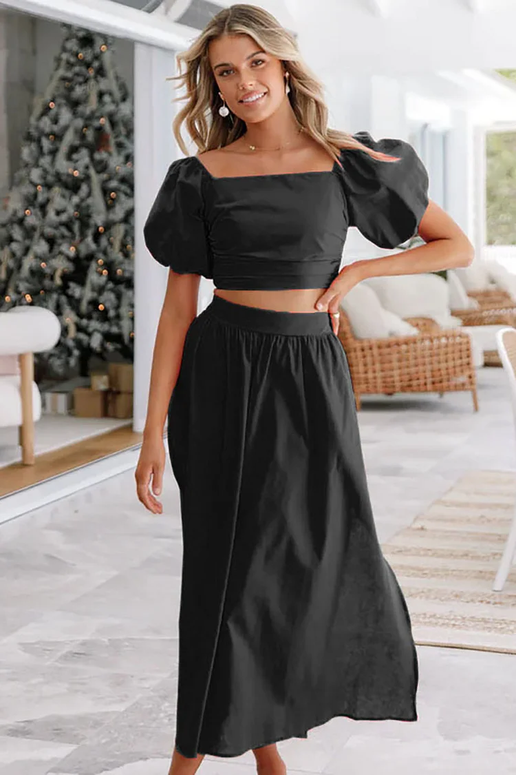 Square Neck Backless Short Puffy Sleeve Crop Top Pleated Slit Maxi Skirt Matching Set