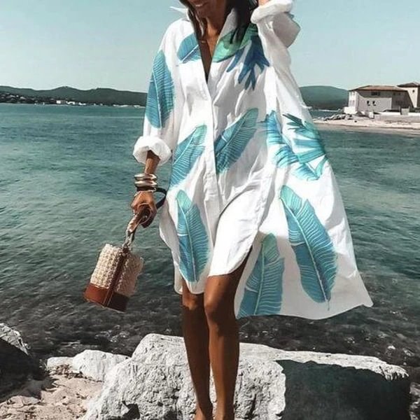 Vacation Leisure Shirt Leaves Dress Oversize Midi Dress For Women MusePointer