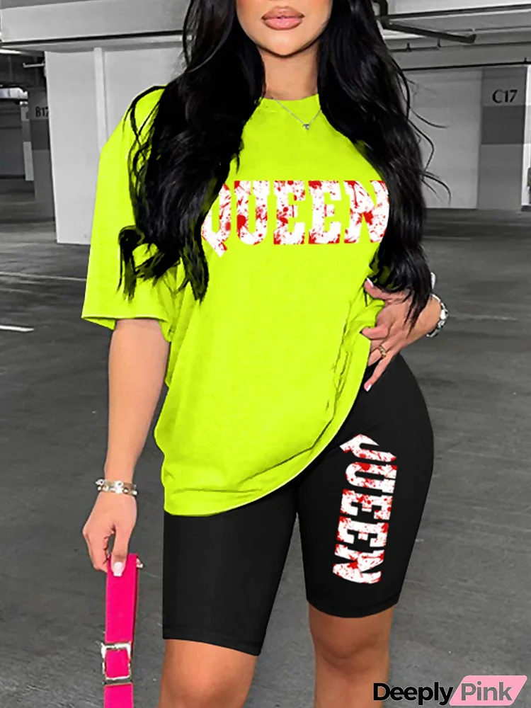 Athleisure Fashion Casual Letter Queen Printed Women Short Sleeve T-Shirt Shorts Two-Piece Set