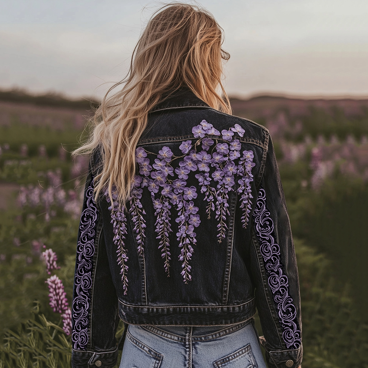 Comstylish Women's Violet Floral Embroidery Art Denim Jacket