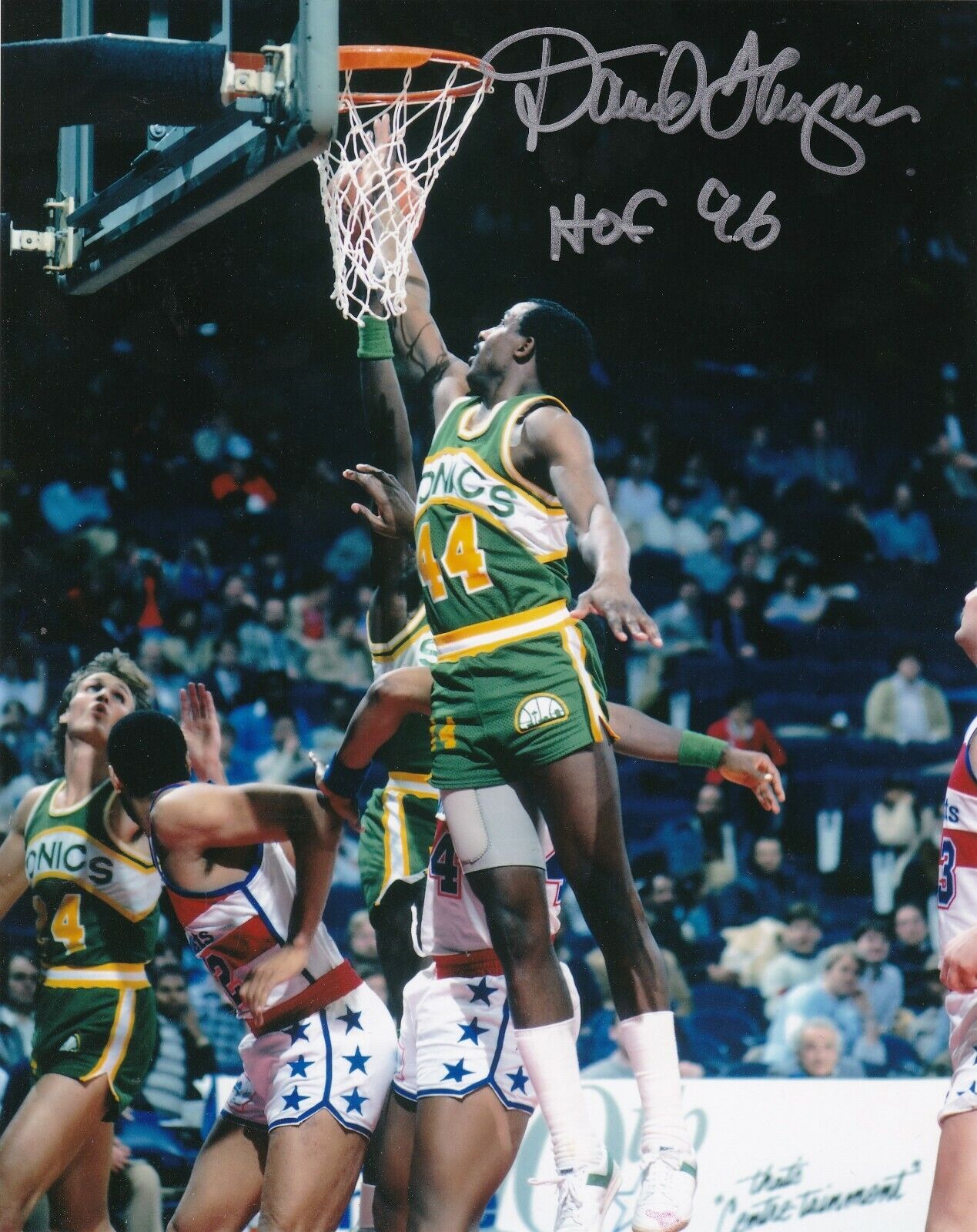 DAVID THOMPSON SEATTLE SUPER SONICS HOF 96 ACTION SIGNED 8X10