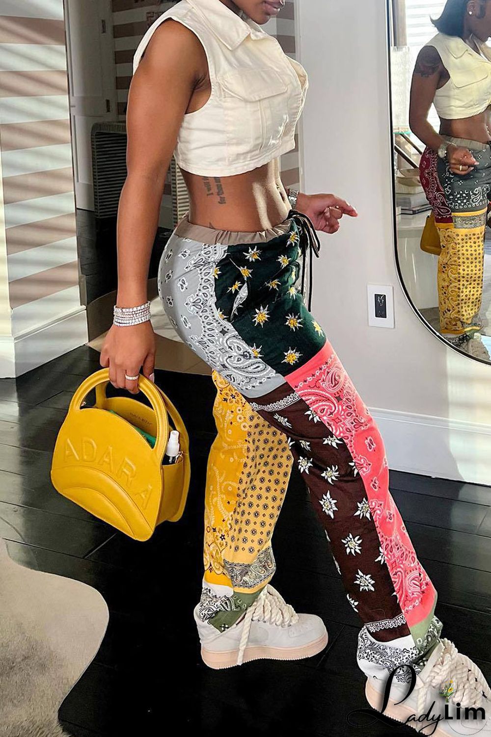 Pink Yellow Casual Print Patchwork High Waist Straight Patchwork Bottoms