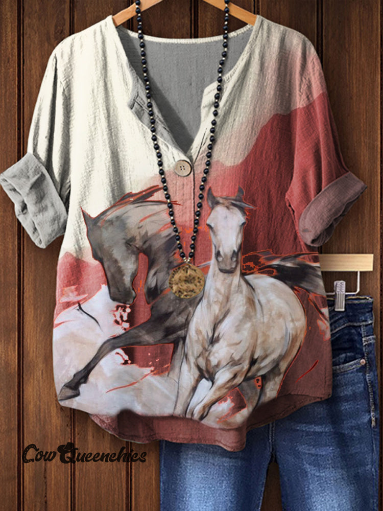 Gradient Horse Print Casual Cotton Linen Shirt Multicolor / S