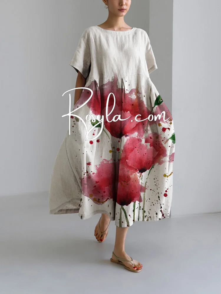 Women's Ink Rose Print Loose Round Neck Medium Length Skirt Dress